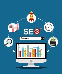 Écran d'ordinateur affichant des graphiques à barres et à lignes, entouré d'icônes liées au référencement : mégaphone, fusée, horloge, argent, loupe, et une barre de recherche intitulée "SEO".