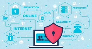 Illustration de concepts de cybersécurité avec des icônes pour le cryptage, la protection en ligne, la sécurité des données, la vie privée et la sécurité sur Internet autour d'un ordinateur portable avec un bouclier et un symbole de cadenas.