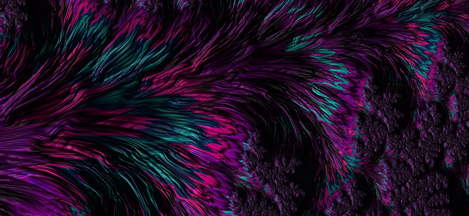 Œuvre d'art numérique abstraite présentant des motifs fluides et ondulés dans des tons vibrants de magenta, de sarcelle et de noir, créant un effet dynamique et texturé sur l'ensemble de l'image.