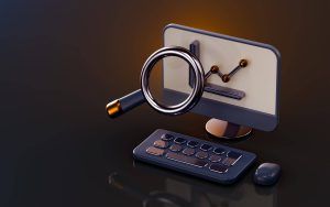 Illustration 3D d'un écran d'ordinateur affichant un graphique linéaire, avec une loupe devant, un clavier et une souris, symbolisant l'analyse de données ou l'analytique.