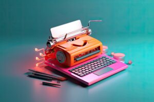 Une composition surréaliste met en scène une machine à écrire mêlée à un clavier d'ordinateur et à une tablette, capturant l'essence même de l'innovation en intelligence artificielle. Des crayons et de petits contenants sont disposés à proximité, le tout sur un fond dégradé turquoise et rose.