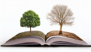 Un livre ouvert présente un arbre feuillu vert sur une page et un arbre nu sur l'autre, symbolisant le contraste entre les pages de site vibrantes et les pages mortes qui peuvent conduire à une perte de visibilité.