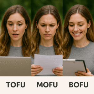 Une femme est représentée sur trois panneaux avec différentes expressions faciales tout en tenant divers documents étiquetés TOFU-MOFU-BOFU, illustrant un entonnoir qui convertit.