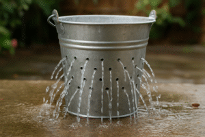 Un seau en métal percé de multiples trous laisse échapper des jets d'eau sur une surface humide, créant un léger bourdonnement lorsque les gouttelettes touchent le sol.