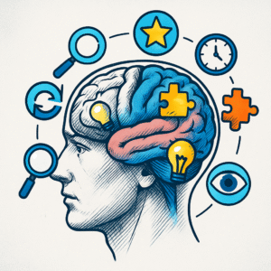 Illustration d'une tête humaine de profil avec le cerveau exposé, entourée d'icônes comme une loupe, une étoile, une horloge et des ampoules, symbolisant la manière dont les biais cognitifs influencent la cognition et jouent un rôle clé dans la création de marque.
