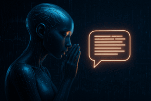 A futuristic humanoid figure with circuit patterns holds his hands close to his mouth, facing a luminous dialogue bubble with lines, symbolizing AI communication powered by GEO and SEO.