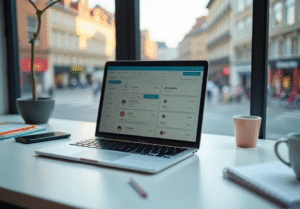 Un ordinateur portable affichant un tableau de bord, mettant en évidence les éléments clés du Commerce Enablement, est posé sur un bureau près d'une fenêtre, avec un smartphone, une tasse, un carnet de notes et une plante à proximité. Des bâtiments urbains et une rue sont visibles à l'extérieur.