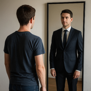 A casually dressed man stands in front of a mirror, revealing the secrets of transformation while his reflection shows him in a formal suit and tie.
