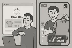 Image fractionnée : À gauche, un homme attend qu'un site d'achat se charge lentement. À droite, il fait la promotion d'une chemise dans un livestream de tiktok shop france avec la légende "Acheter maintenant.