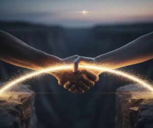 Deux mains se serrent de part et d'autre d'un espace, reliées par un arc lumineux, sur fond de canyon au crépuscule, symbolisant le pouvoir des clics significatifs et des liens qui franchissent les distances.