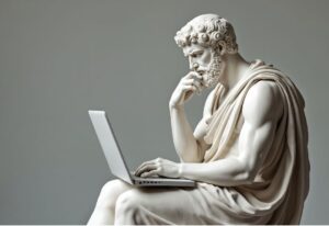Une statue de marbre représentant un homme assis, vêtu d'un costume de la Grèce antique, utilise de manière réfléchie un ordinateur portable moderne, mêlant des éléments classiques et contemporains pour souligner le rôle des outils numériques dans le rapprochement de la sagesse intemporelle et de l'innovation d'aujourd'hui.