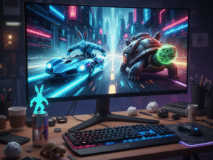 Un écran d'ordinateur affiche l'art numérique d'un lapin dans une voiture de course et d'une tortue robotique utilisant la technique Dette dans un parcours à la vitesse éclairé au néon ; un clavier, une souris et une canette de boisson énergisante se trouvent sur le bureau.