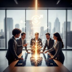 Cinq professionnels se tiennent autour d'une table numérique affichant un arbre lumineux avec des icônes financières et commerciales, représentant la croissance et la collaboration entre les RH et les TI dans un environnement de bureau moderne.