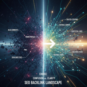 Abstract split image showing chaotic bad backlinks such as spam directories and blog comments on the left, and organized backlinks such as resource pages and editorial content on the right, with an arrow suggesting that toxic links be removed.